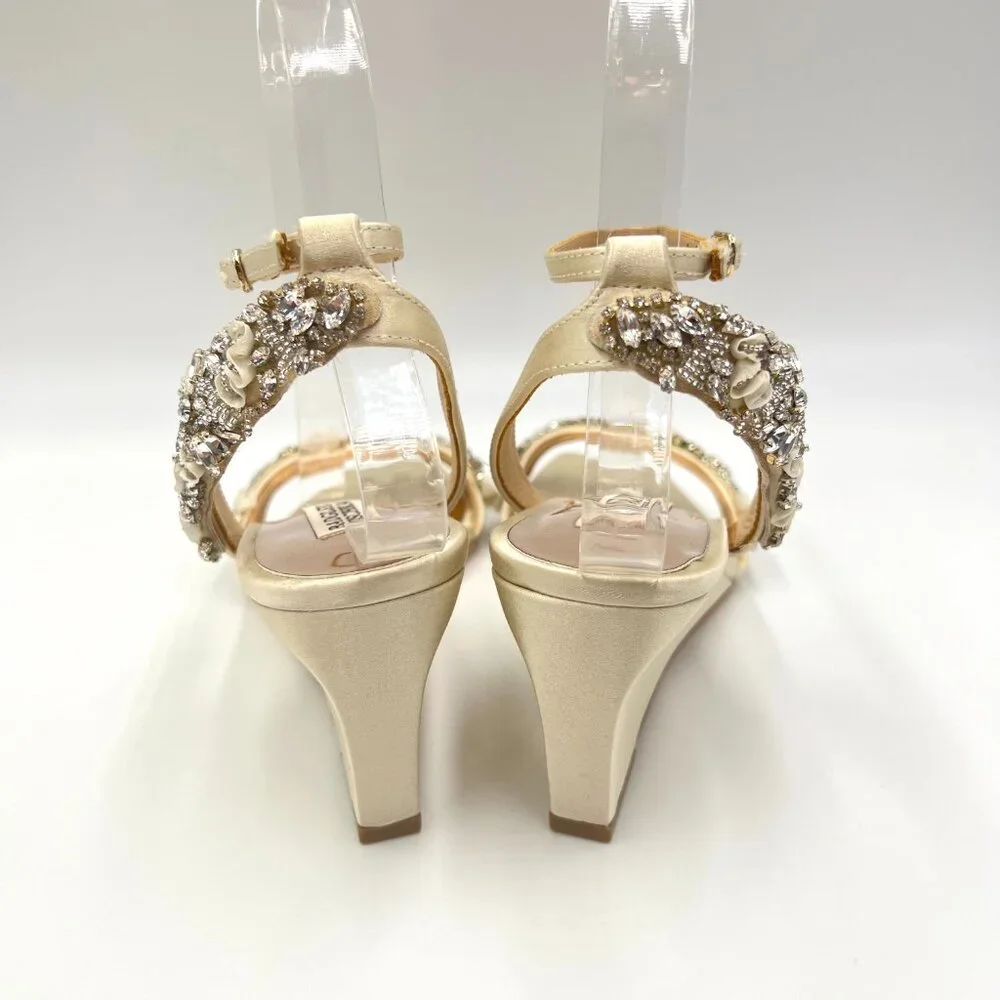 Badgley Mischka Size 5 Ivory White‎ Satin Jeweled Wedges Dress Sandals Shoes